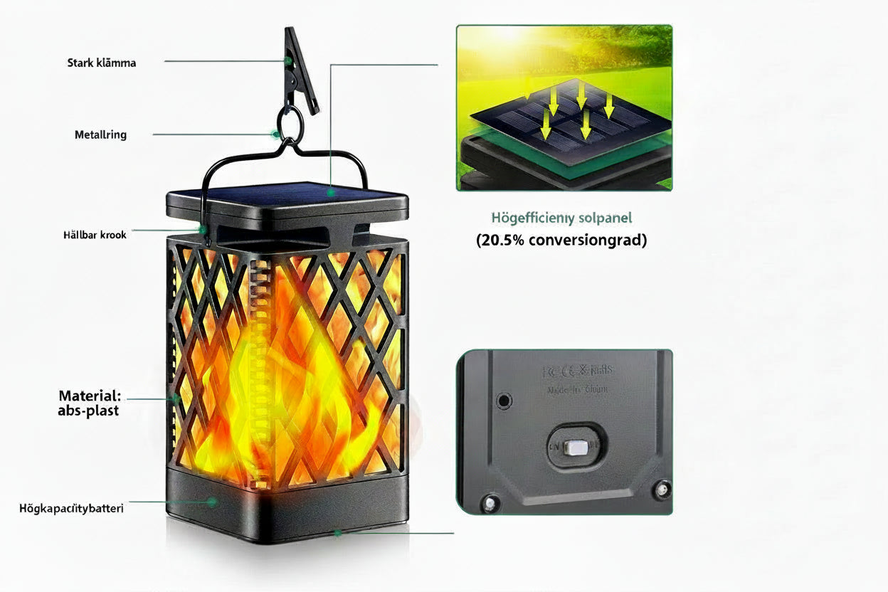 Soldriven LED-Lykta med Flameffekt – Atmosfärisk Utomhusbelysning för Camping och Trädgård