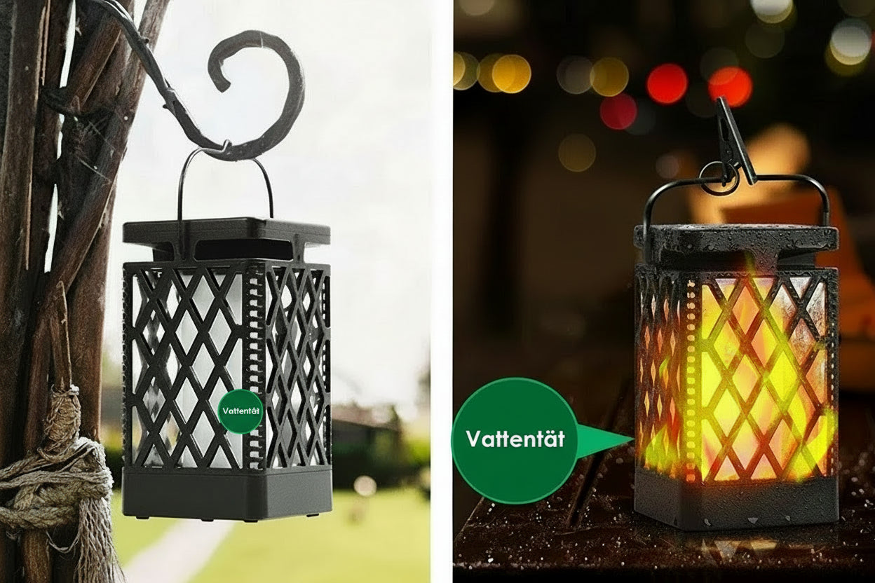 Soldriven LED-Lykta med Flameffekt – Atmosfärisk Utomhusbelysning för Camping och Trädgård