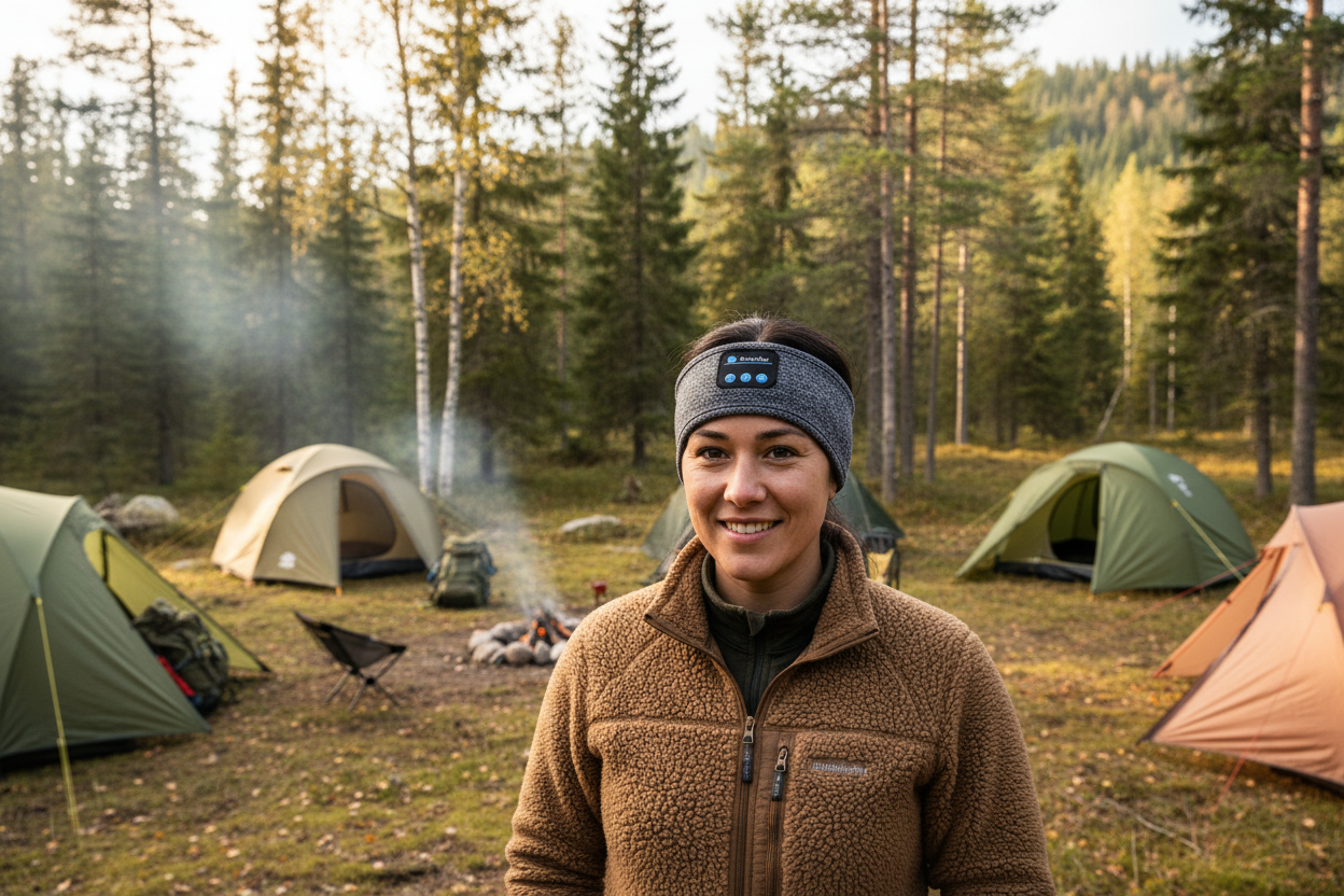 Person med pannband på campingplats