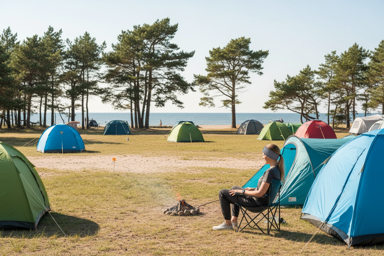 Person med pannband på kustnära campingplats
