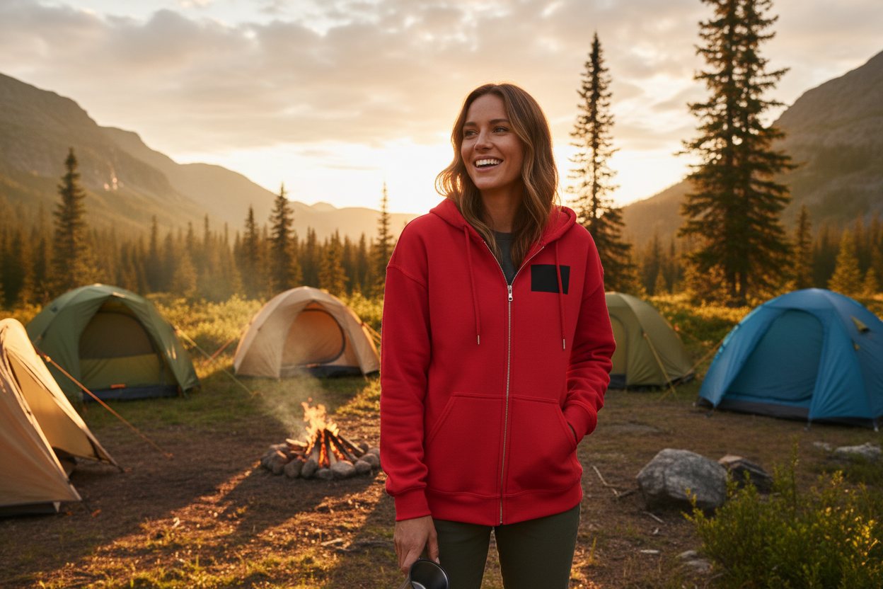 Person som bär din röda zip hoodie på campingplats