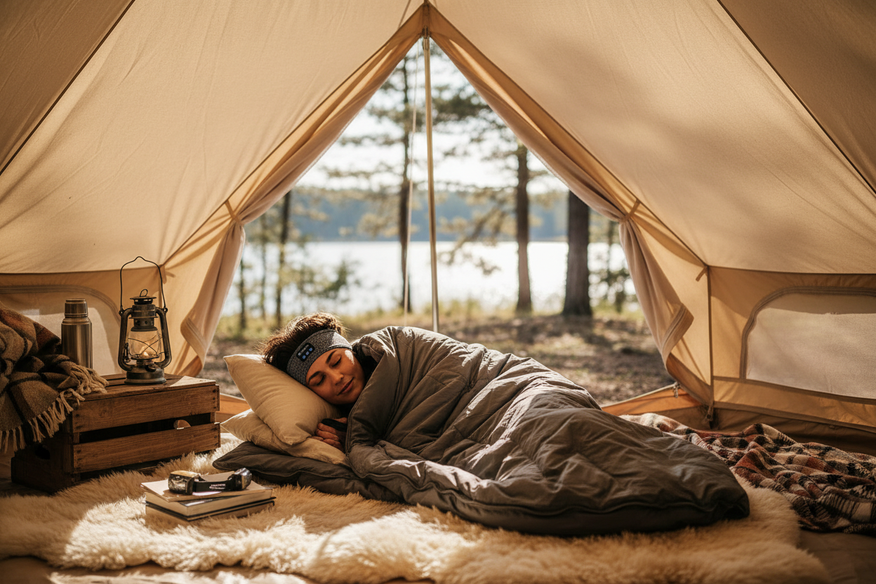 Person som sover med pannband i tält