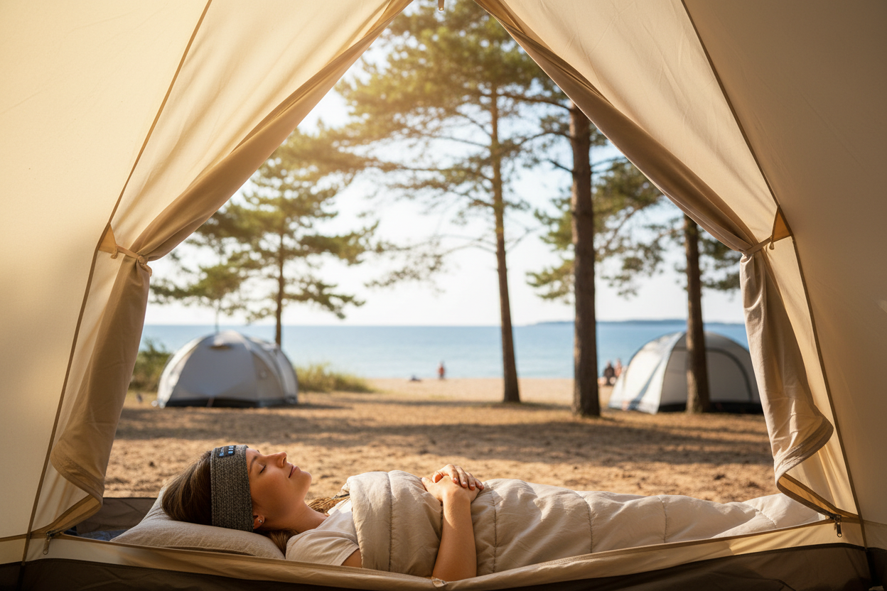 Person vilar i tält med pannband på kustnära camping