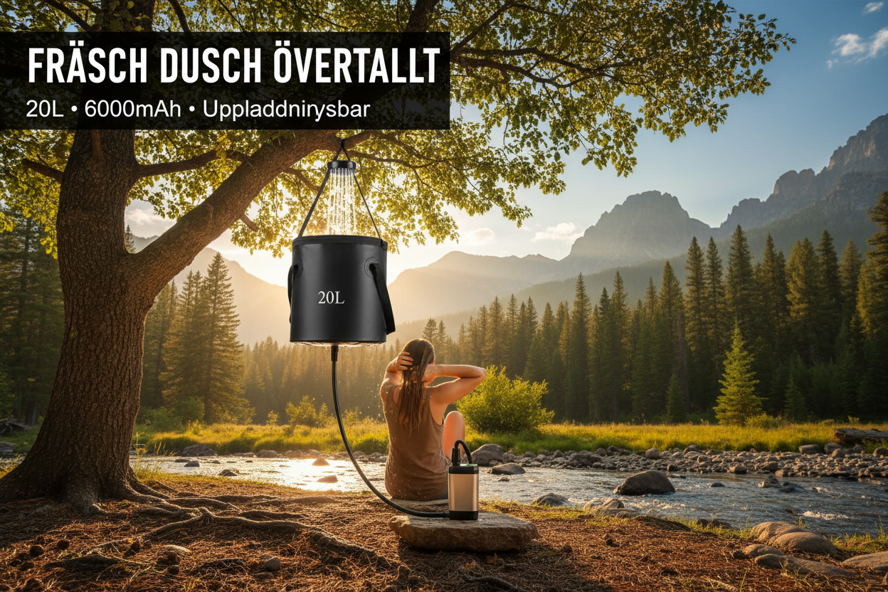 Portabel campingdusch i användning